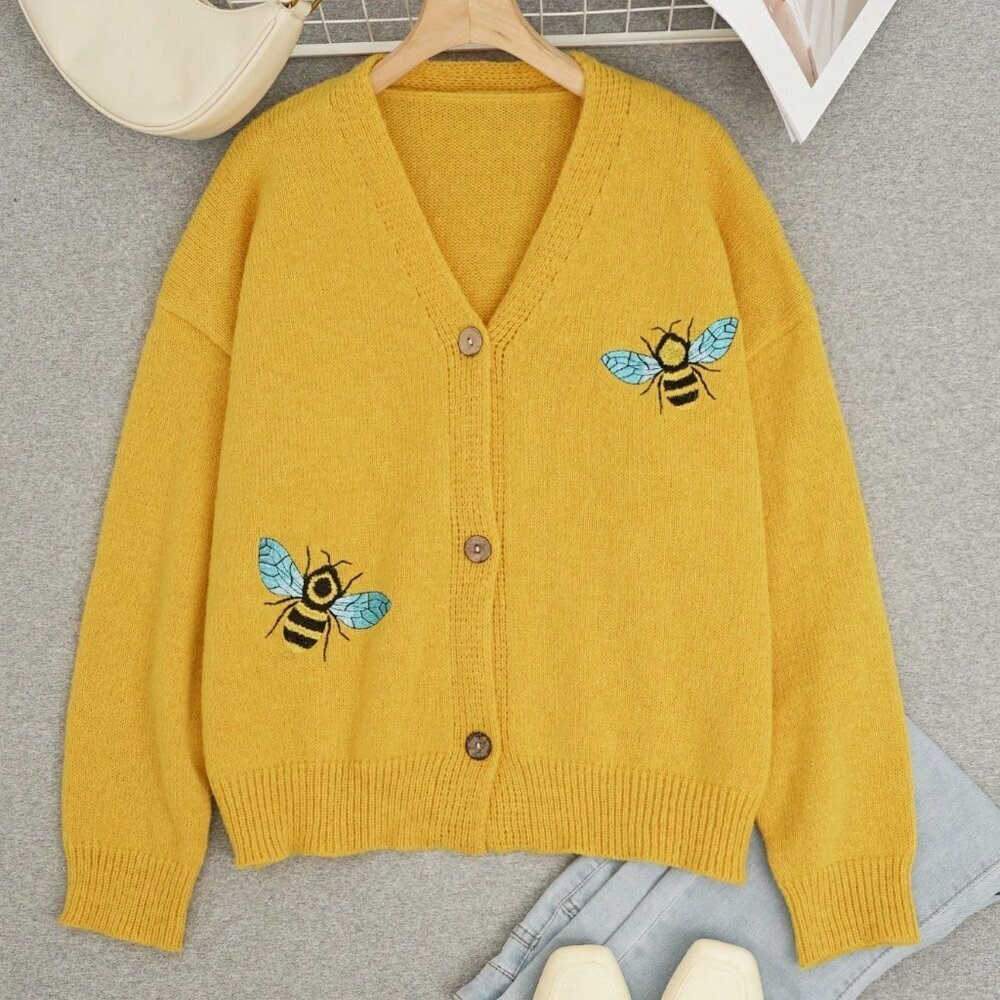 Yellow Casual Streetwear Women's Sweater Cardigan V Neck - Picture 2 of 3